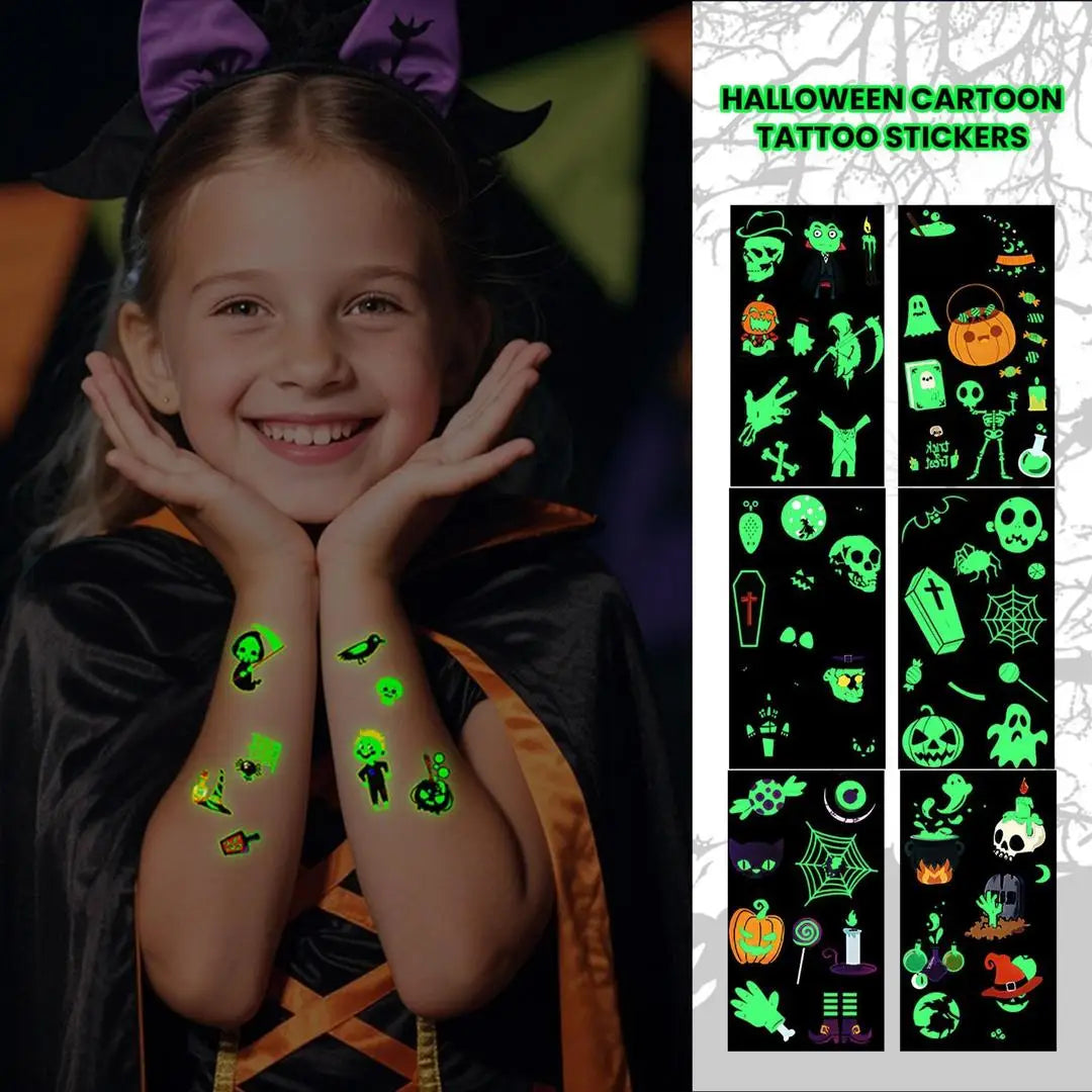 A Halloween Kids Toy Gift 6/8 Sheets Glowing Pumpkin Knife Fake Tattoos, Waterproof Body Stickers for Arm Hand Cosplay Decor Qme