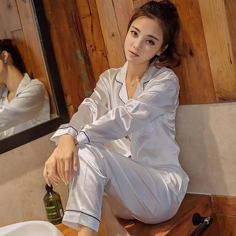 A Women's Sleepwear Simple Satin Pajama Set Long Sleeve Buttons Lapel Top With Elastic Pants Loungewear Nightwear 2 Piece Nighty Qme
