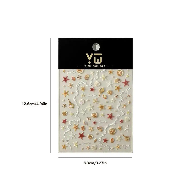 1 Sheet 5D Summer Seashell Nail Sticker Shiny Embossed Starfish Nails Qme