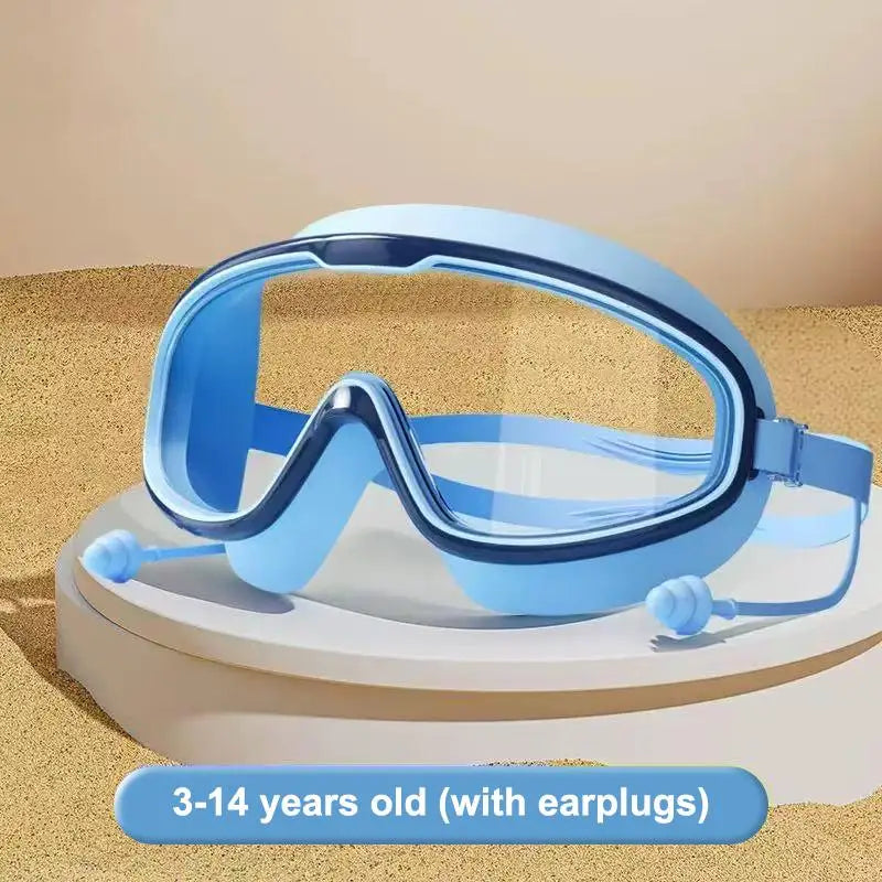 Kids Swimming Goggles Big Frame HD View Anti-fog Waterproof Qme Blue
