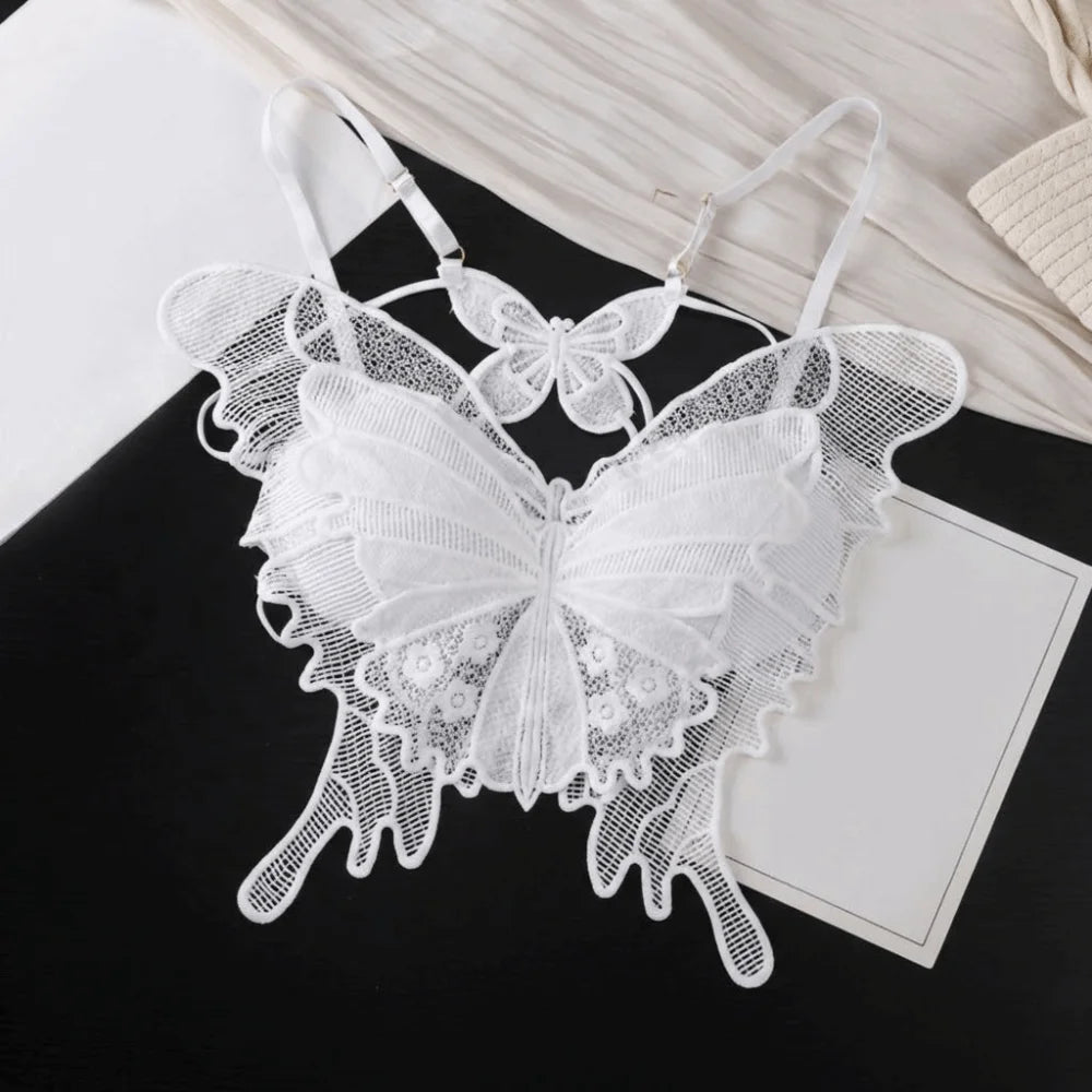 Sweet Backless Butterfly Bras Slim Fit Padded Lace Camisole Flower Qme White 32-36AB One Size