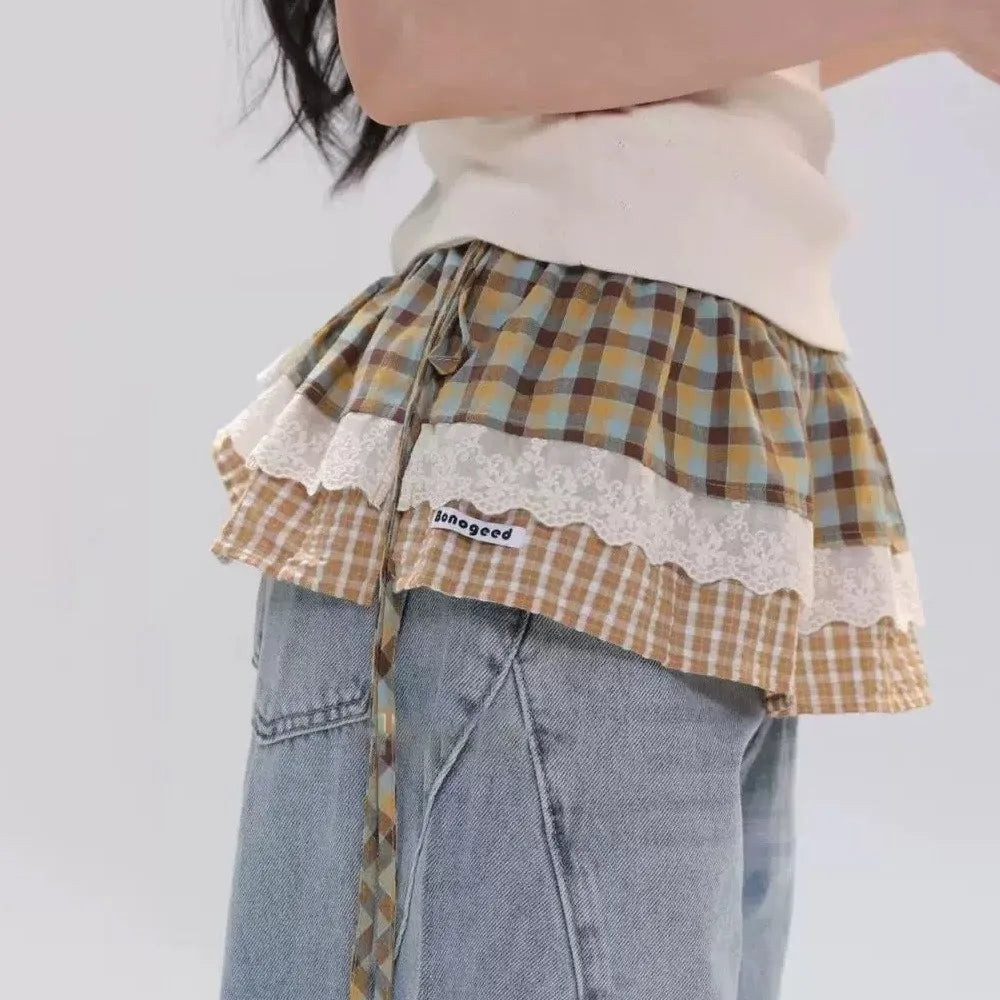 Sweet Balletcore Plaid Fart Curtain Korean Lace Up Mini Skirts Qme