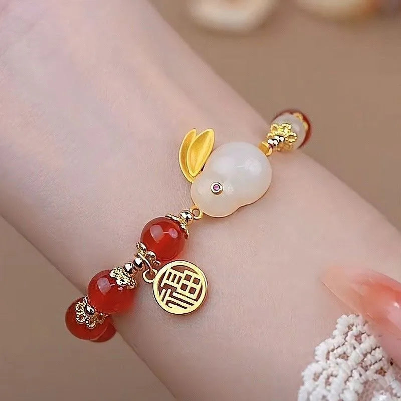 b05 Fu Character Jade Hare Imitation Hotan Jade Bracelet Fashion Women's Cute Rabbit Glass Beaded Bracelet Retro Jewelry Gifts Qme