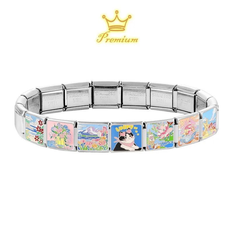 New Fashion Kawaii Cute Cat Blue Sky Leaves Mushroom Italian Charm Link Fit 9mm Bracelet Stainless Steel Jewelry DIY Making Gift Qme