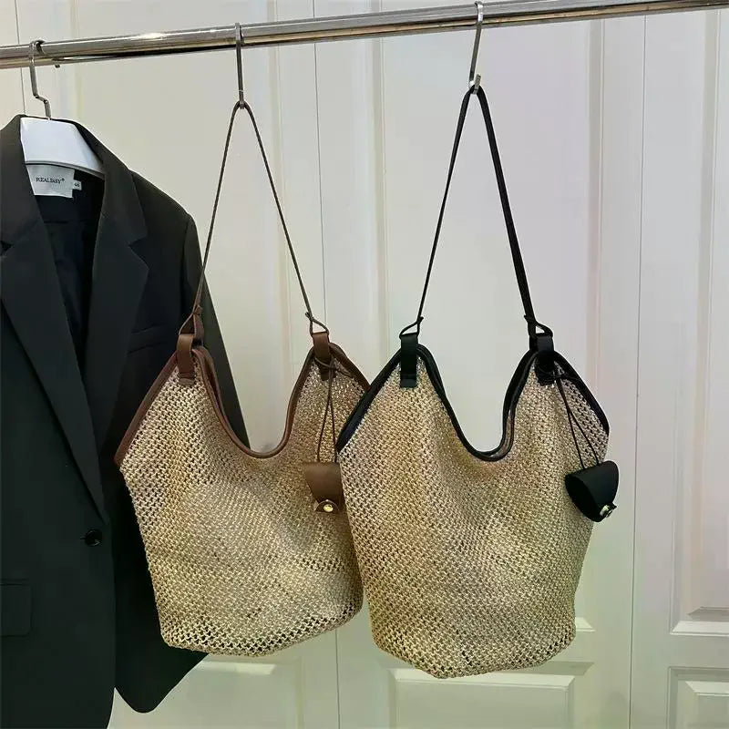 Hollow Out Straw Woven Bag Parent Shoulder Bag Tote Bagwith Sunglasses Clip Bohemian Beach Handbag Bucket Bag Qme