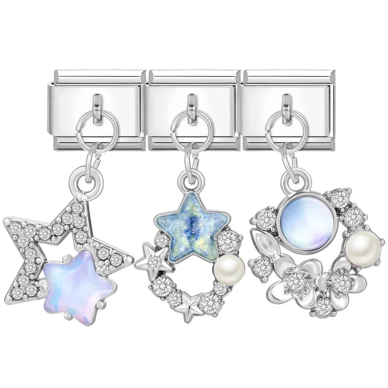 2026 3PCS Beautiful Blue Moon Heart Starfish Italian Charms Link 9mm Modular Bracelet Stainless Steel DIY Gift Jewelry Wholesale Qme Style 4