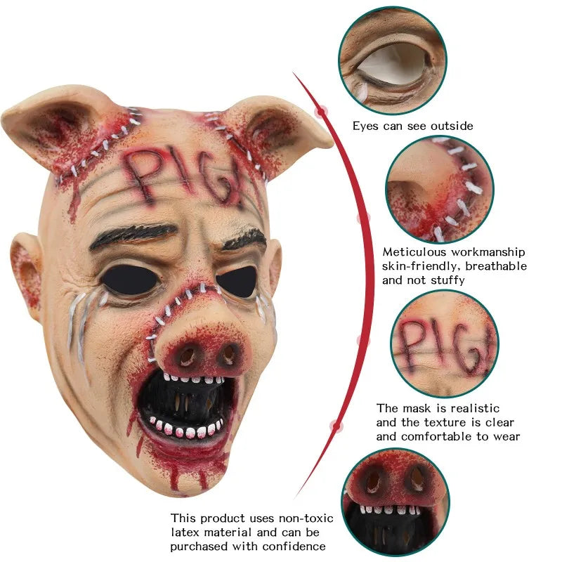 Horror Movie Texas Saw Cosplay Scary Cry Pig Latex Mask Terror Helmet Halloween Masquerade Party Carnival Prank Costume Prop Qme
