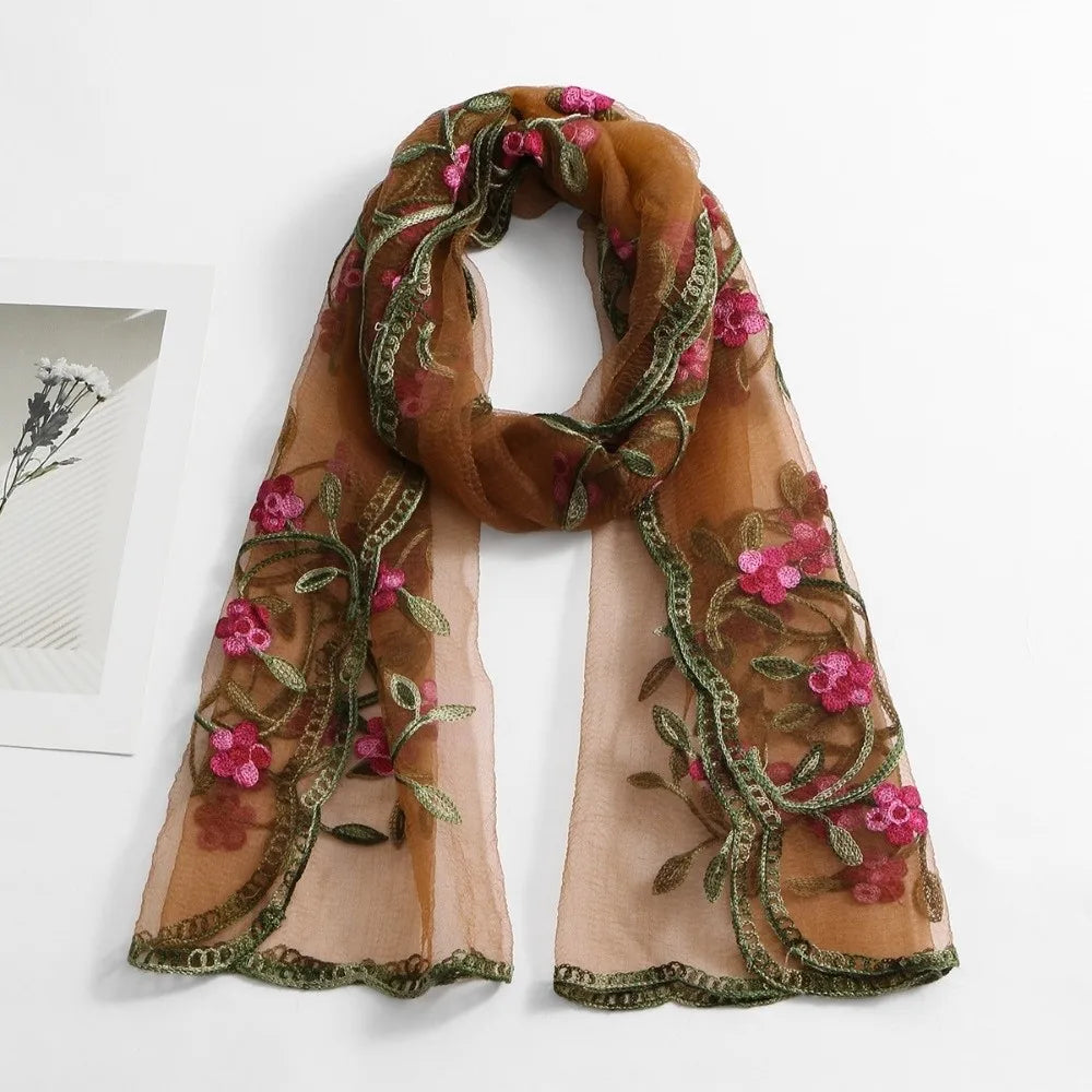 Ethnic Style Embroidered Floral Headwrap Breathable Lightweight Boho Sheer Shawl Skin-Friendly Soft Summer Hijab Qme Coffee
