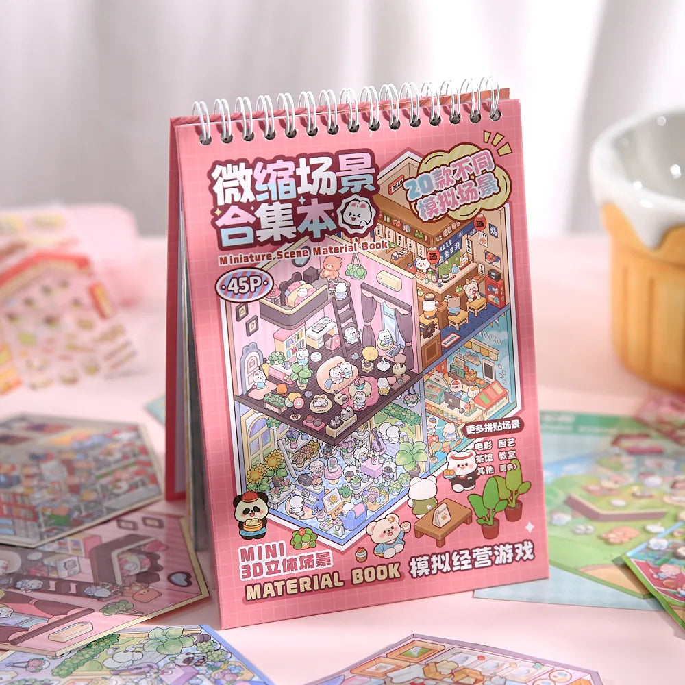 Mr Paper 45Pcs Scenes Cartoon Landscape Sticker Book Forest Village DIY 3D Sticker Cabin Scene Pocket Birthday Gift for Kid Qme