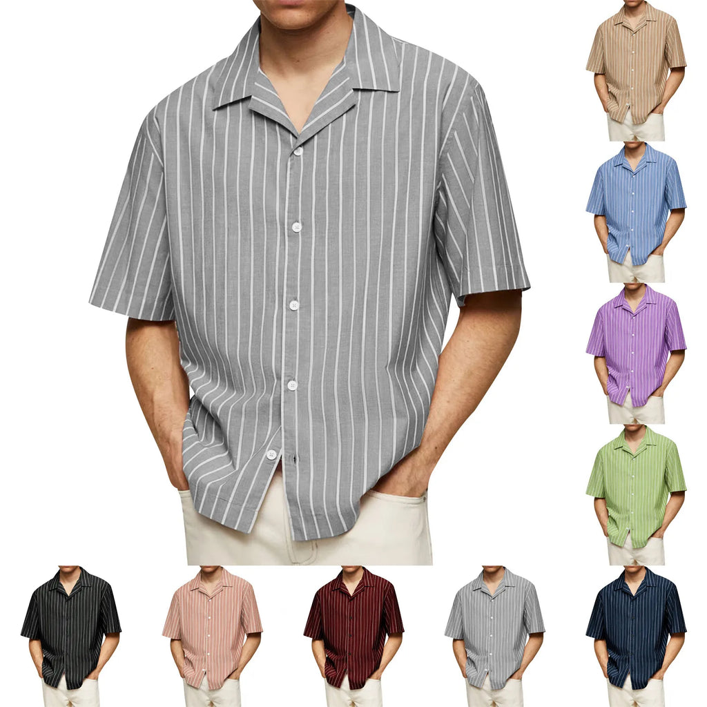 Male Fashionable Stripped Patchwork Retro Business And Daily Half Sleeved Summer Cardigan With Buttons Basics And Versatile Qme
