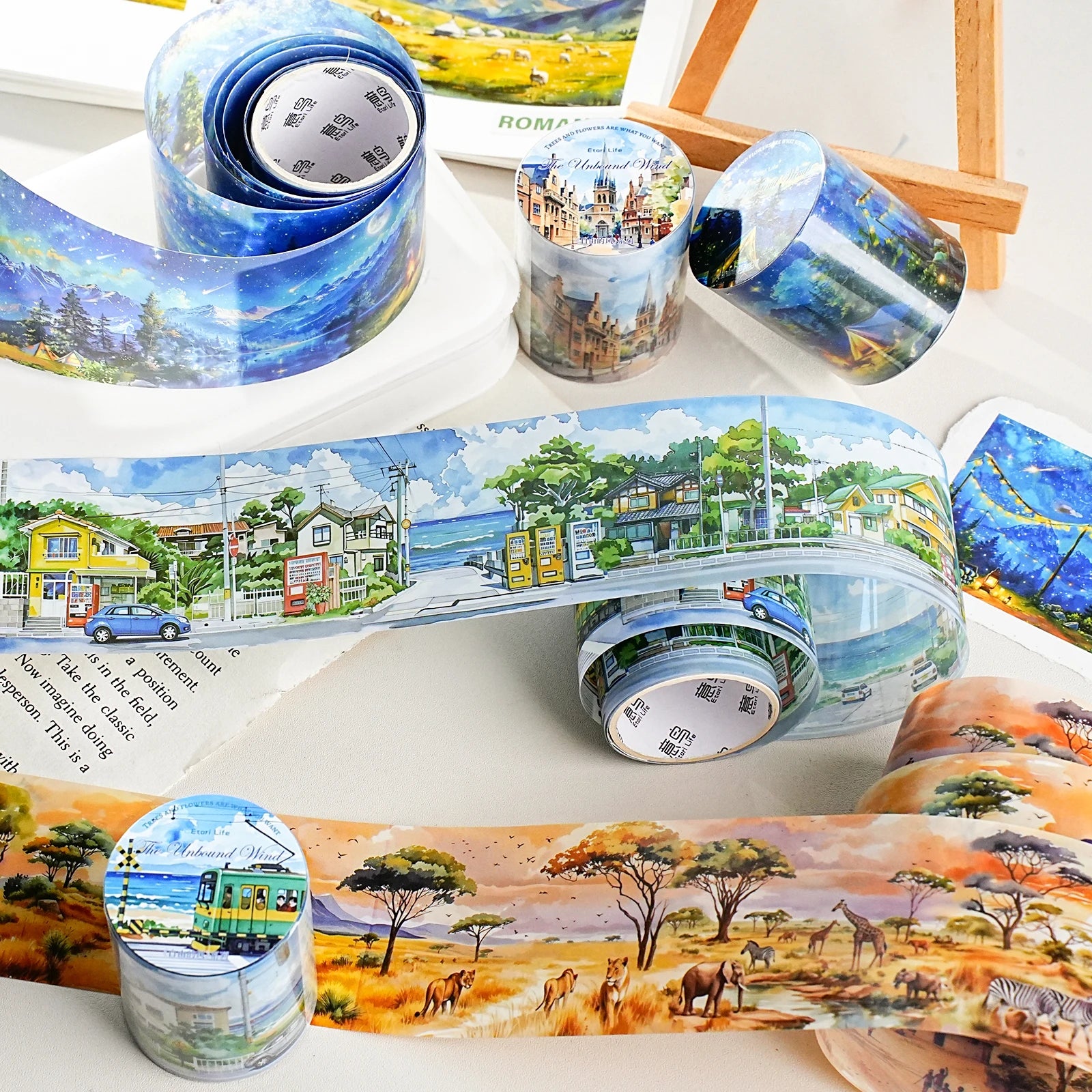 Watercolor Landscape Theme PET Tape 1 Roll for Scrapbooking DIY Scrapbook Collage Material Phone Case Notebook Decoration Qme