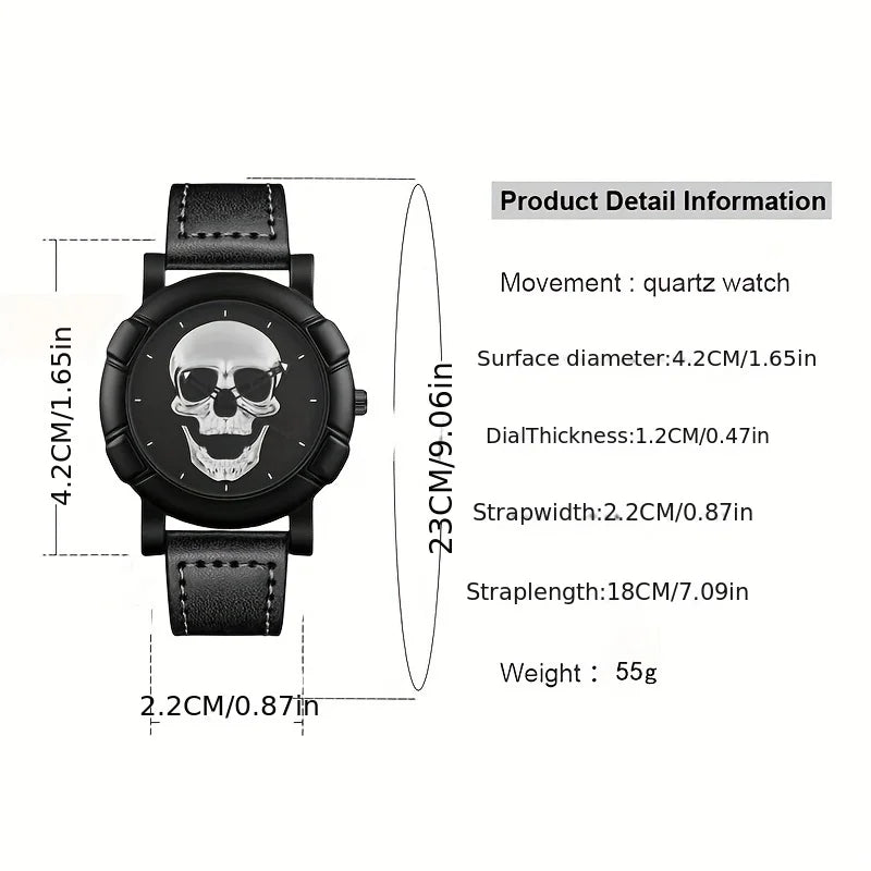 Skull Pattern Multi Display Pointer Round Quartz Watch With PU Leather Strap For Men Qme