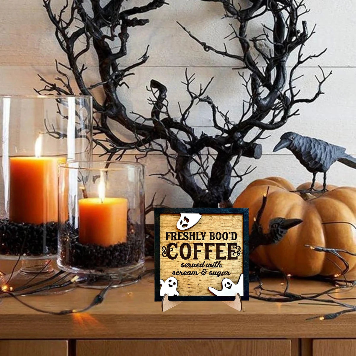 Halloween 3D Wooden Coffee Sign - 'Freshly Boo'd Coffee Served With Scream & Sugar' with 3 Ghosts,Spooky Kitchen/Boo Crew Decor Qme