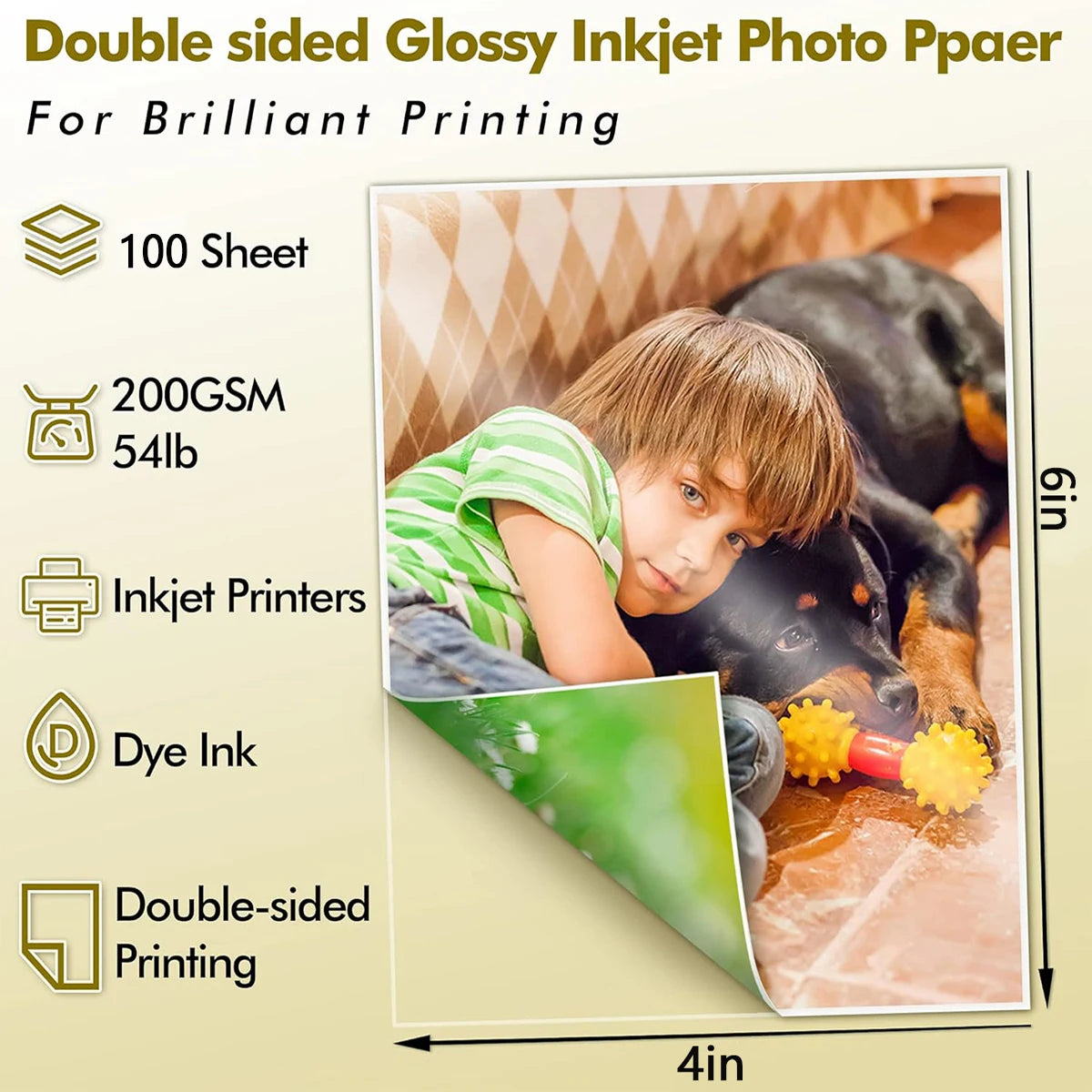 4R Double Sided Glossy Photo Paper , 200GSM/54LB Inkjet Printer Paper 4 x 6"Glossy for Crafting, Chip Bags, Calendars, Menus Qme 4R-DSG-100