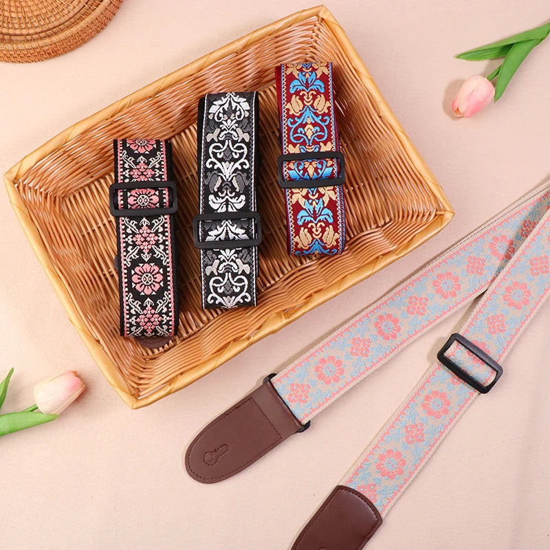 Guitar Strap Bass Cotton Leather Embroidery Straps Adjustable Neck Qme