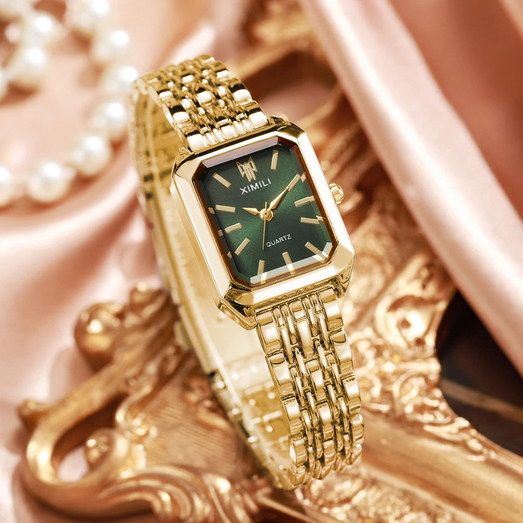 Women Gold Square Quartz Watch Green White Dial Thin Steel Band Wristwatch Qme