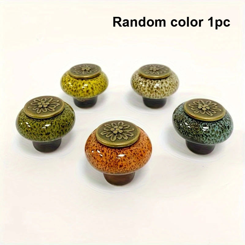 Colorful Leopard Print Glass Round Single Hole Ceramic Cabinet Knobs with Installation Hardware Qme Random color 1pc