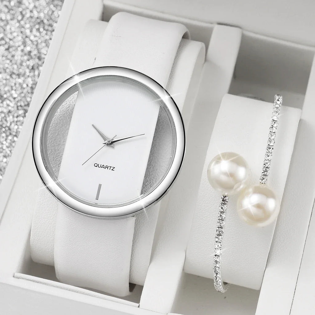 2PCS/Set Women's Watch Pearl Diamond Bracelet Set Fashion Hollow Dial Leather Band Quartz Watches Qme