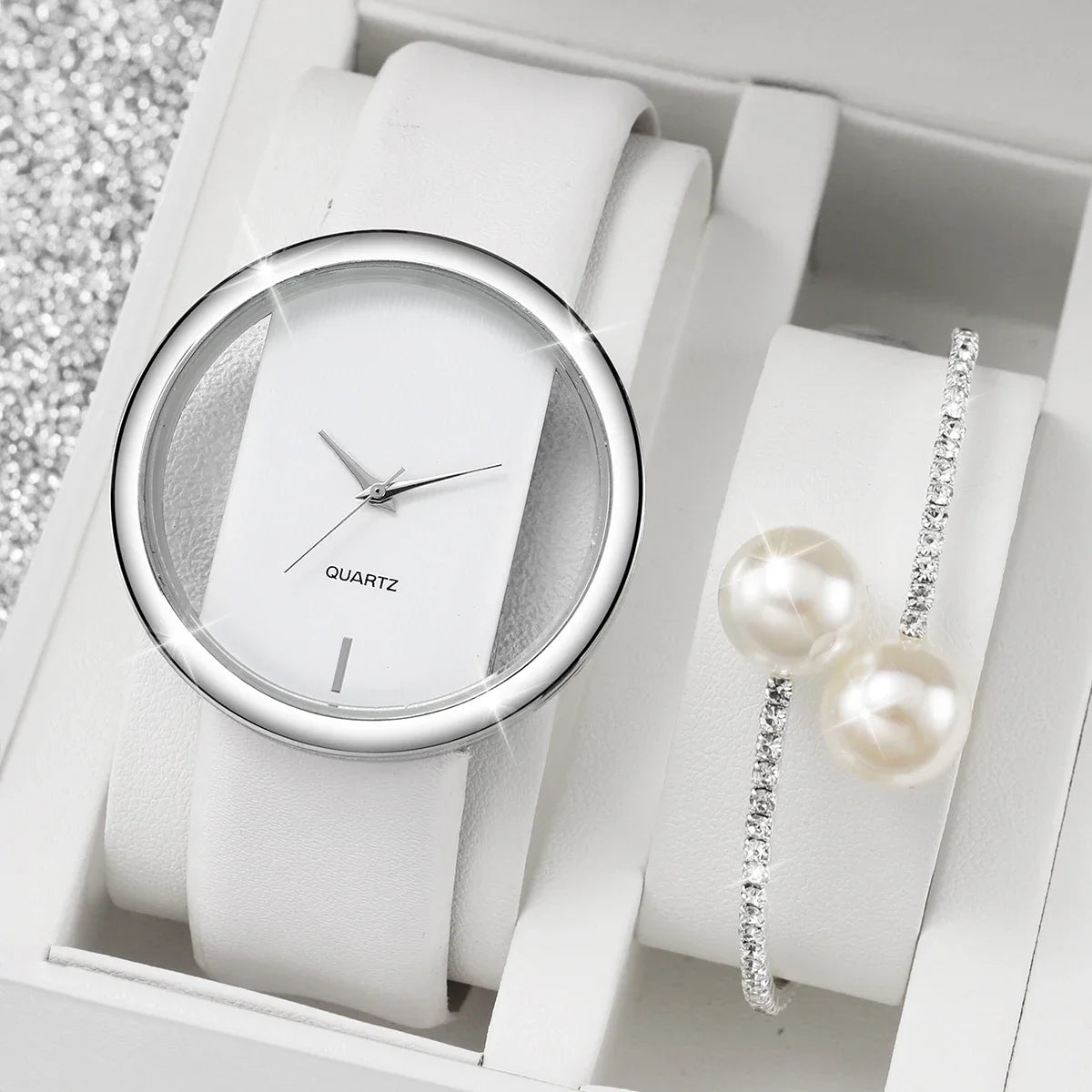 2PCS/Set Women's Watch Pearl Diamond Bracelet Set Fashion Hollow Dial Leather Band Quartz Watches Qme