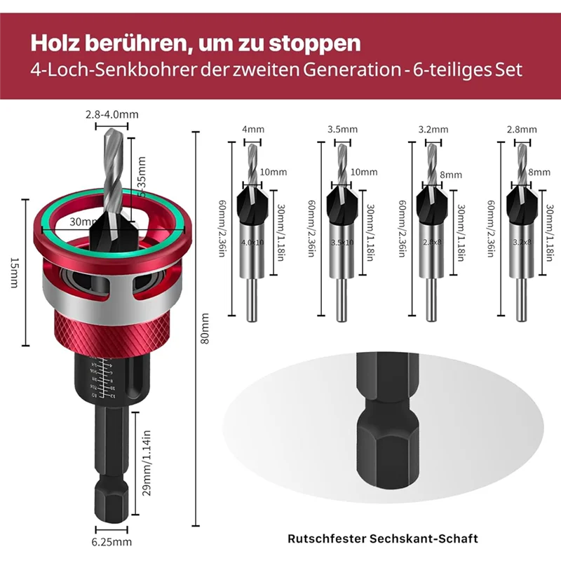 A02F-6-Piece Countersink Drill Bit Set With Depth Stop, Countersink Wood Drill Bits For Precision For Woodworking Qme