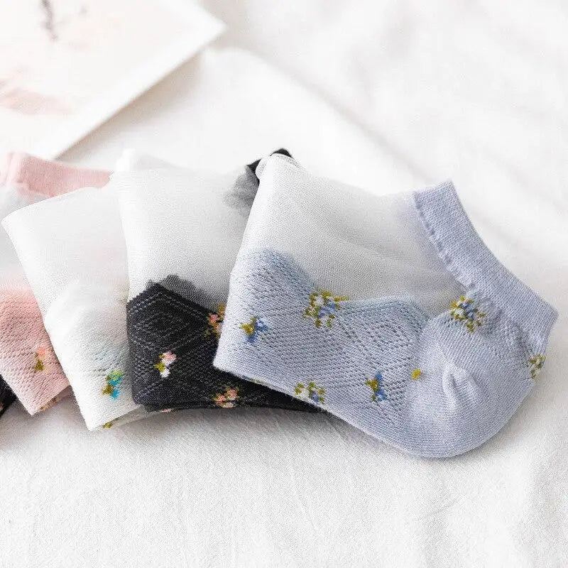 Women Fashion Summer Glass Stockings Thin Small Floral Card Silk Qme