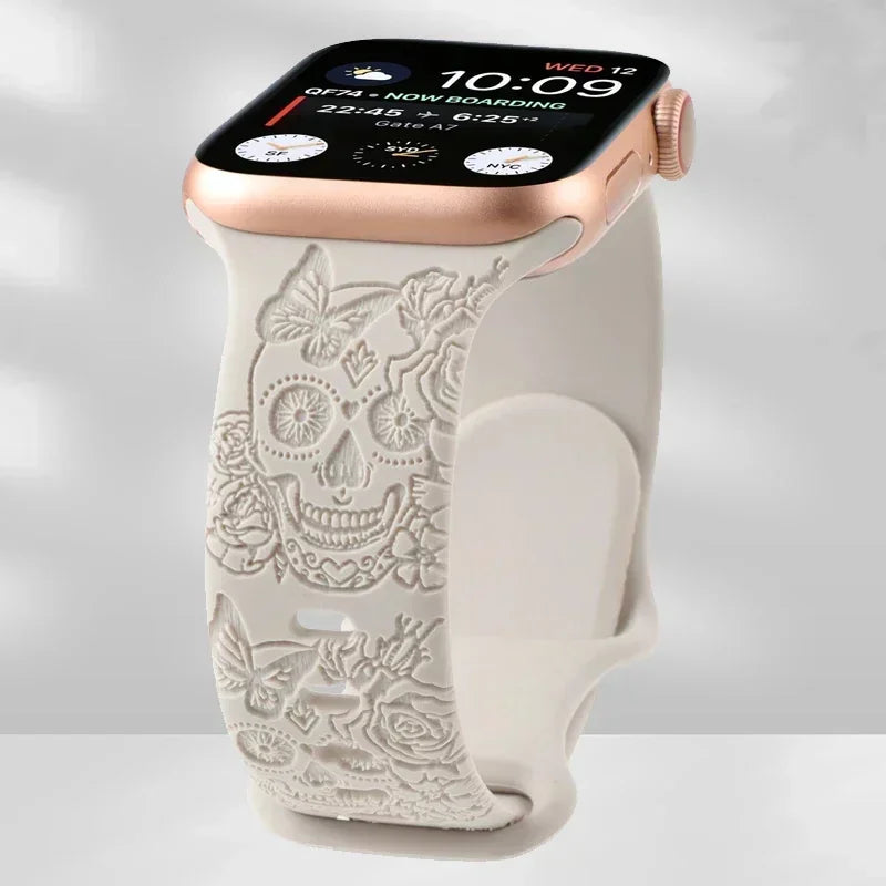 Skull Engraved Strap For Apple Watch Band Ultra 2 49mm 45 44 40 41 42 38mm Silicone Sport Bracelet For iWatch Series 8 9 7 65 SE Qme Starlight 42mm 44mm 45mm 49mm