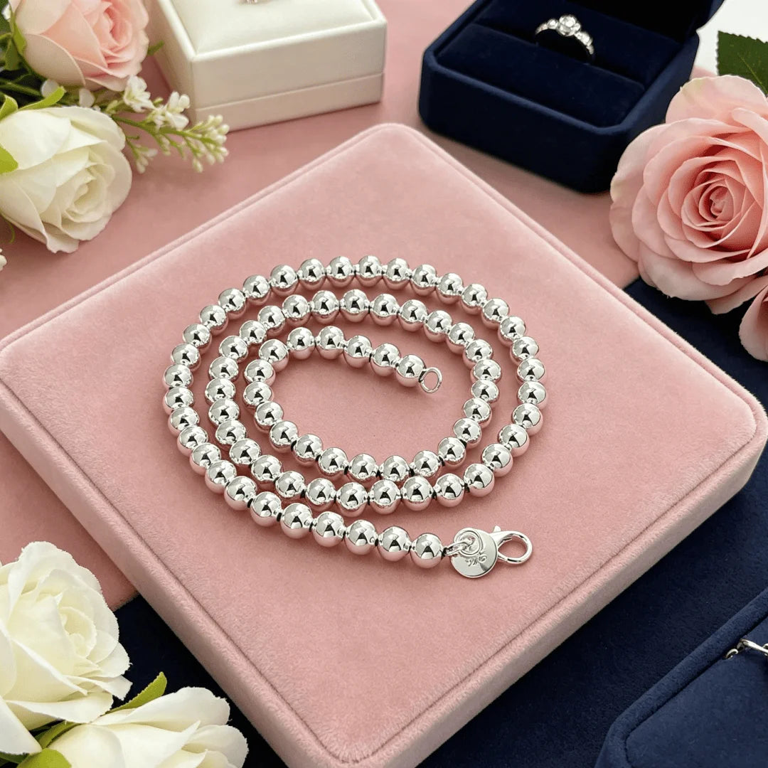 Fashion Jewelry 925 Sterling Silver 6MM Gorgeous Beads Chain Necklace for Women Men Party Wedding Holiday Gifts Qme