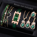Luxury 6 In 1 Emerald Rhinestone Watch Necklace Earrings Ring Bracelet Set Qme green