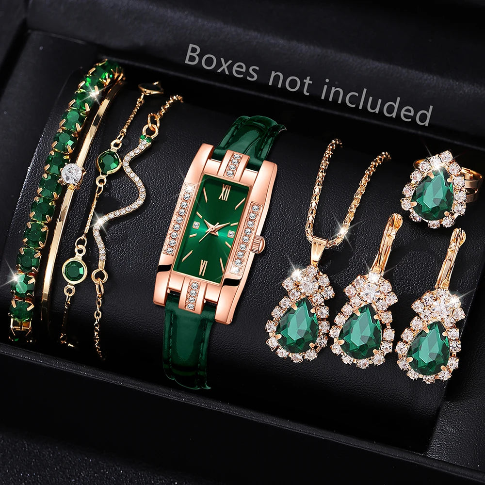 Luxury 6 In 1 Emerald Rhinestone Watch Necklace Earrings Ring Bracelet Set Qme green
