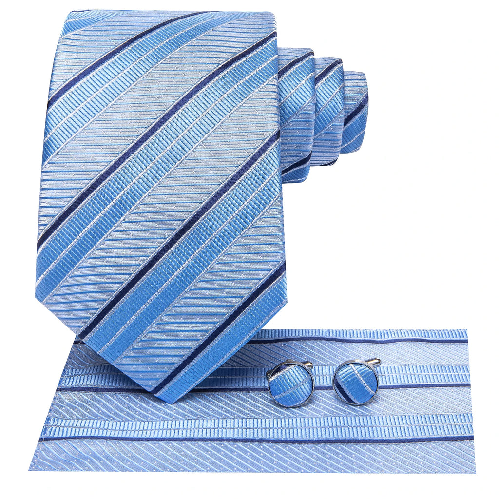Hi-tie Light Blue Striped Business Mens Tie Jacquard Necktie Qme
