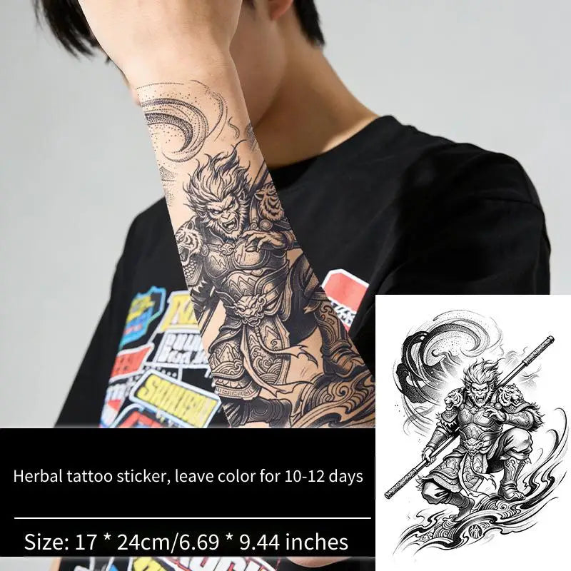Monkey King Sun Wukong Tattoo Sticker Temporary Tattoo Oriental Herbal Juice Waterproof Long-Lasting Arm Sleeve for Men Qme