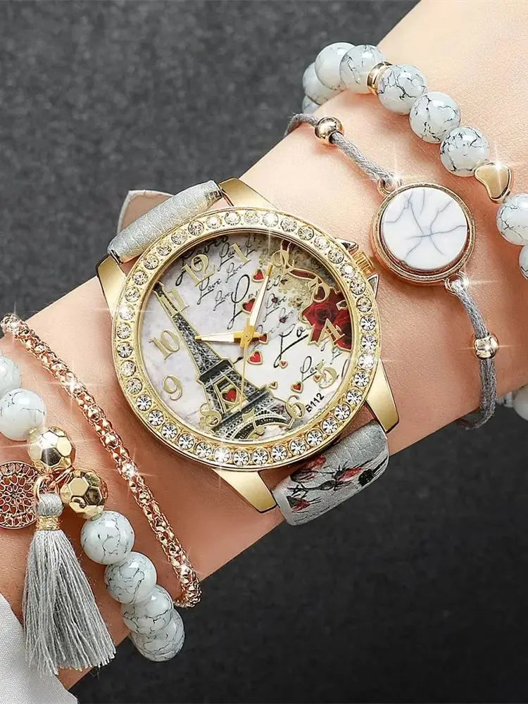 5Pcs/Set Fashion Women's Watch European and American Classic Retro Quartz Watch with Exquisite Beaded Bracelet Set Qme