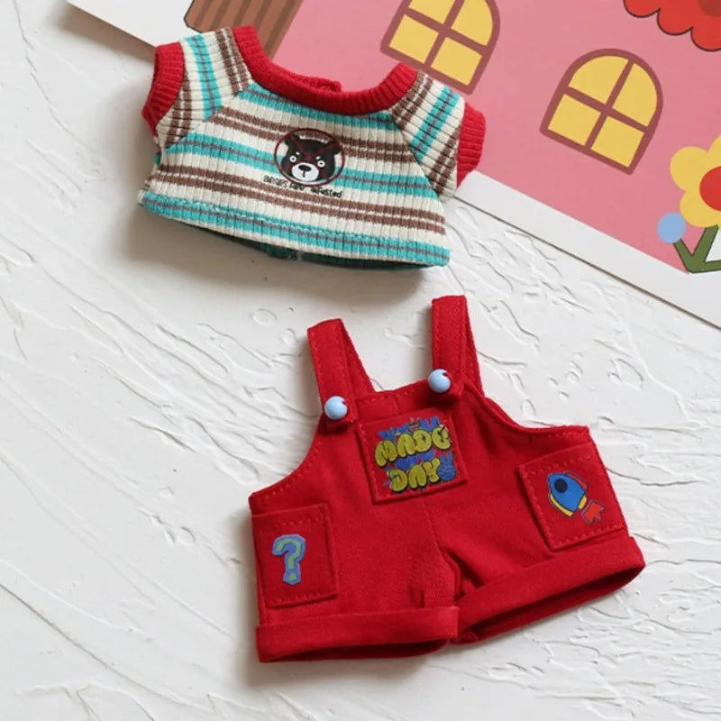 Labubu doll clothing 2-piece set, red workwear and striped T-shirt, suitable for fashionable matching of 17cm and 15cm dolls Qme Red