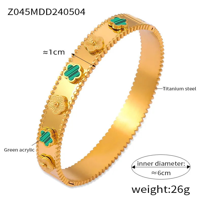 Unisex Gold/Silver Classic Stainless Steel Laser Five-Leaf Flower Open Bracelet & Bangles Simple For Woman Party Jewelry Clover Qme Gold 3