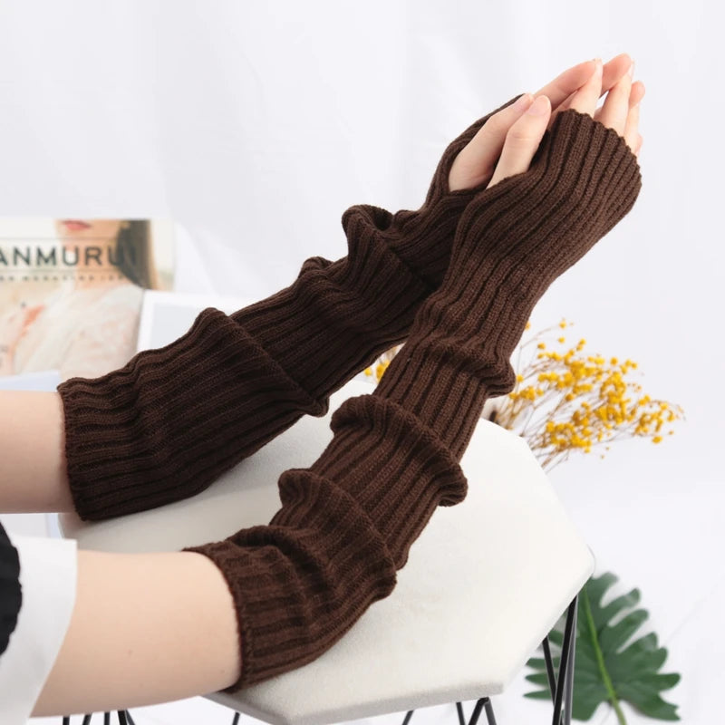 Women Long Fingerless Gloves Soft Female Glove Lolita Kawaii Mitten Qme Brown length-52cm