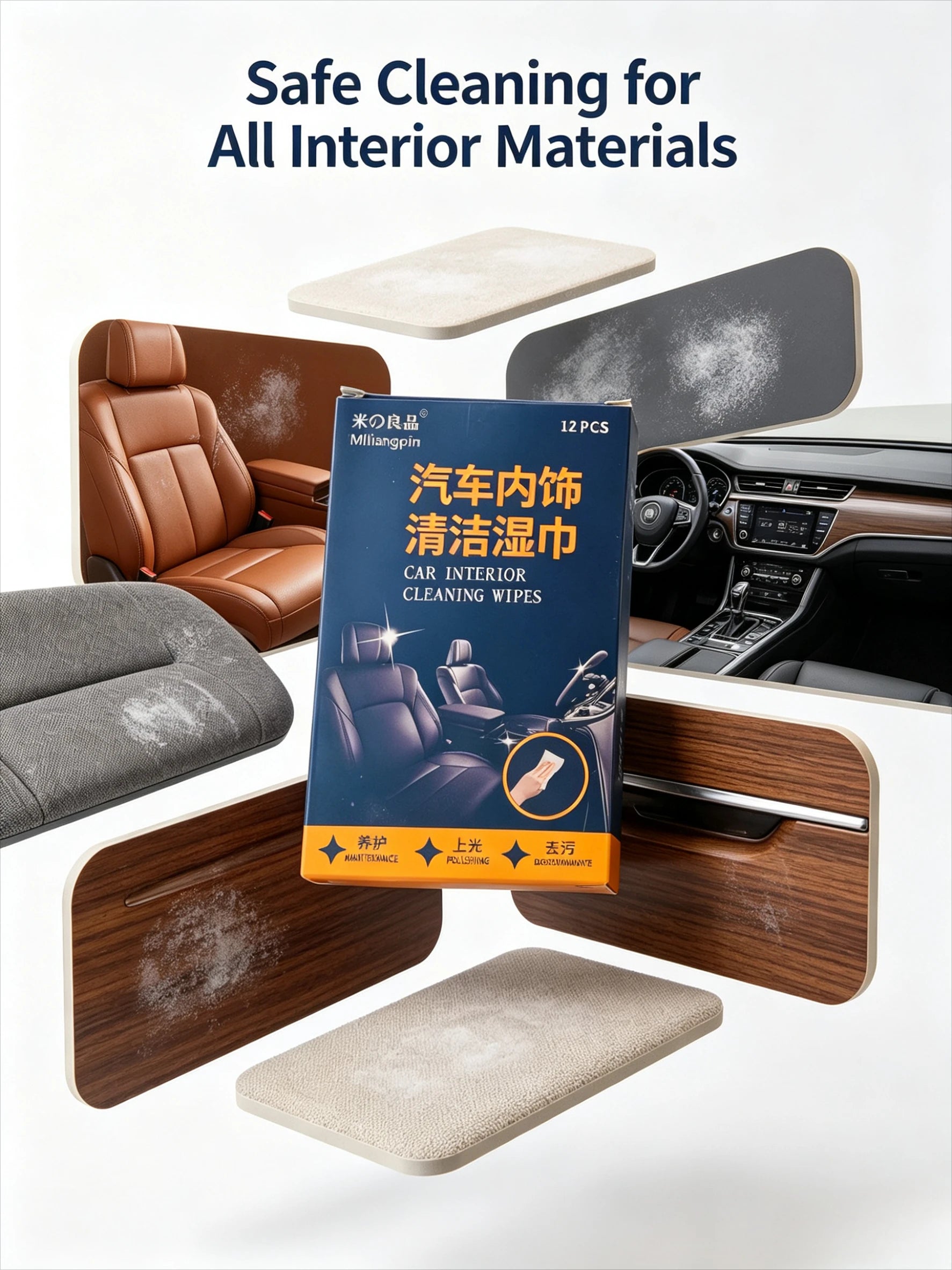 Specialized cleaning wipes for car interiors, gentle formula, does not damage leather or plastic, quickly removes dust. Qme