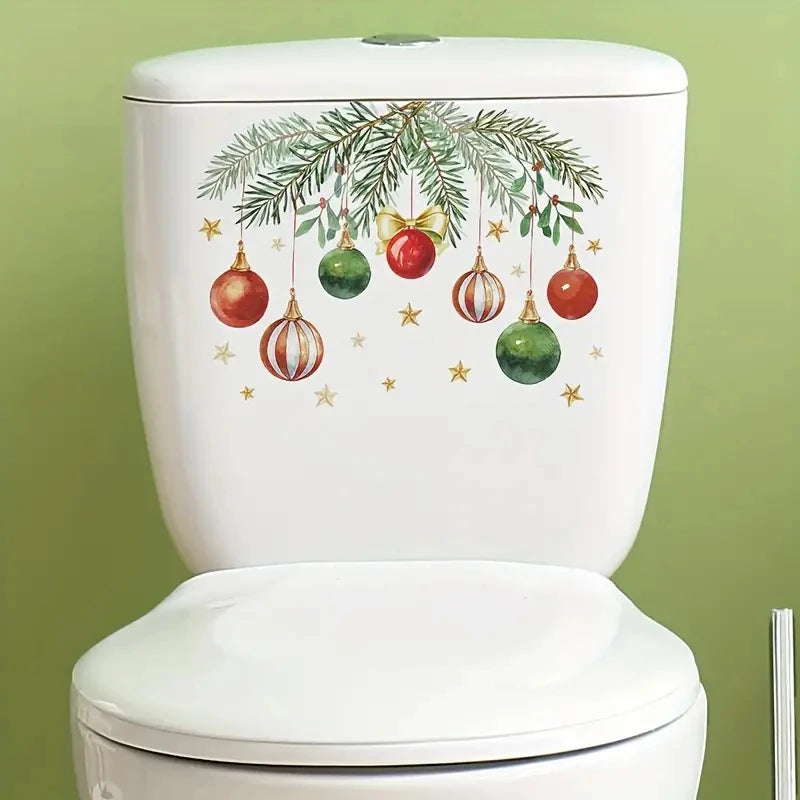 1pc New Toilet Stickers Christmas Green Plants Pattern Self-adhestive Decal Festive Home Decor for Kids Bathroom Qme