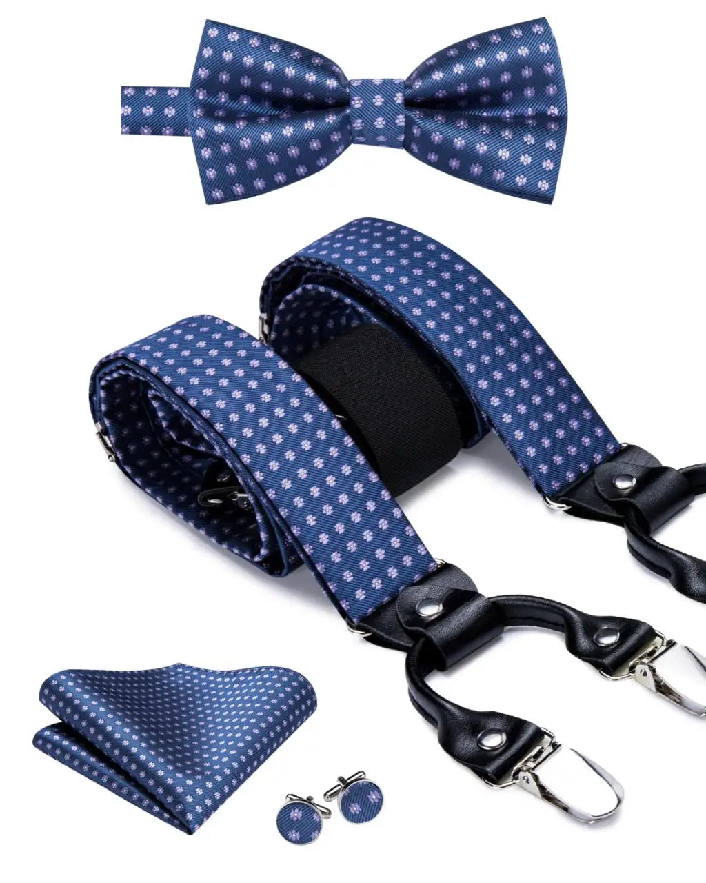 Silk Woven Mens Suspenders Bow Tie Hanky Cufflinks Strength 6 Clips Qme
