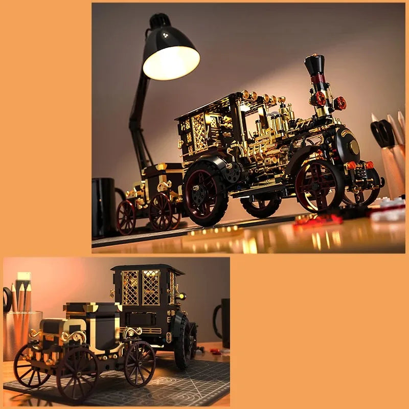 Diy Vintage Mechanical Steam Car Building Blocks Model City Retro Steam Punk Vehicle Desktop Decoration Bricks Toys Adults Gifts Qme