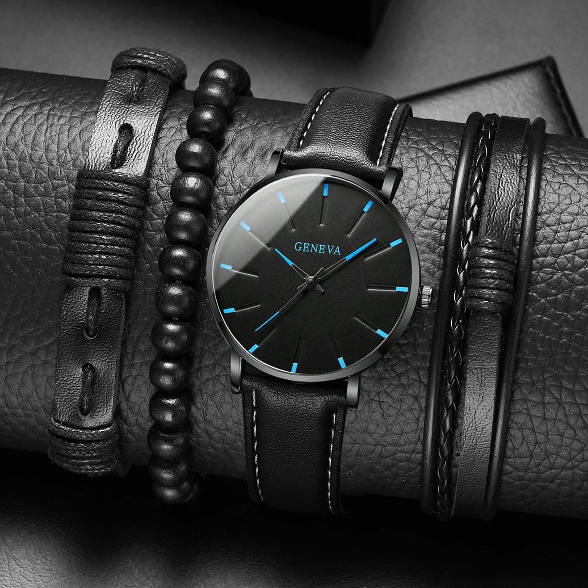New Men's Watch Luxury Bracelet Set Multi Pieces Fashion Business Black Leather Quartz Watch Gift Box for Men Reno Masculino Qme D