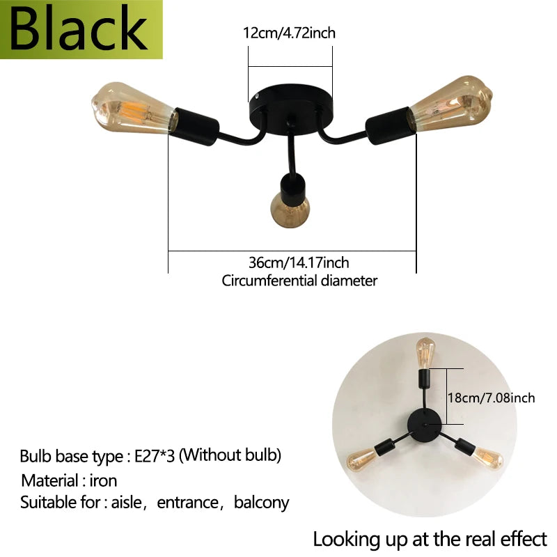 Vintage Ceiling Lights Multiple Rod Wrought Iron Ceiling Lamp E27 Bulb Living Room Lamparas for Home Lighting Fixtures Qme black