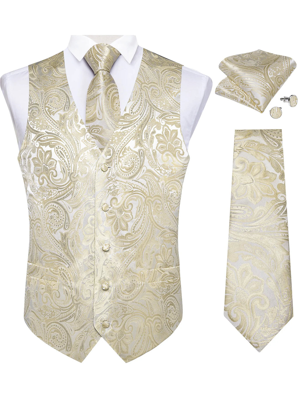 Men's Champagne Golden Paisley Suit Vest & Tie Set – Formal Waistcoat with Pocket Square, Perfect for Weddings Business Events Qme MJTZ0614 S
