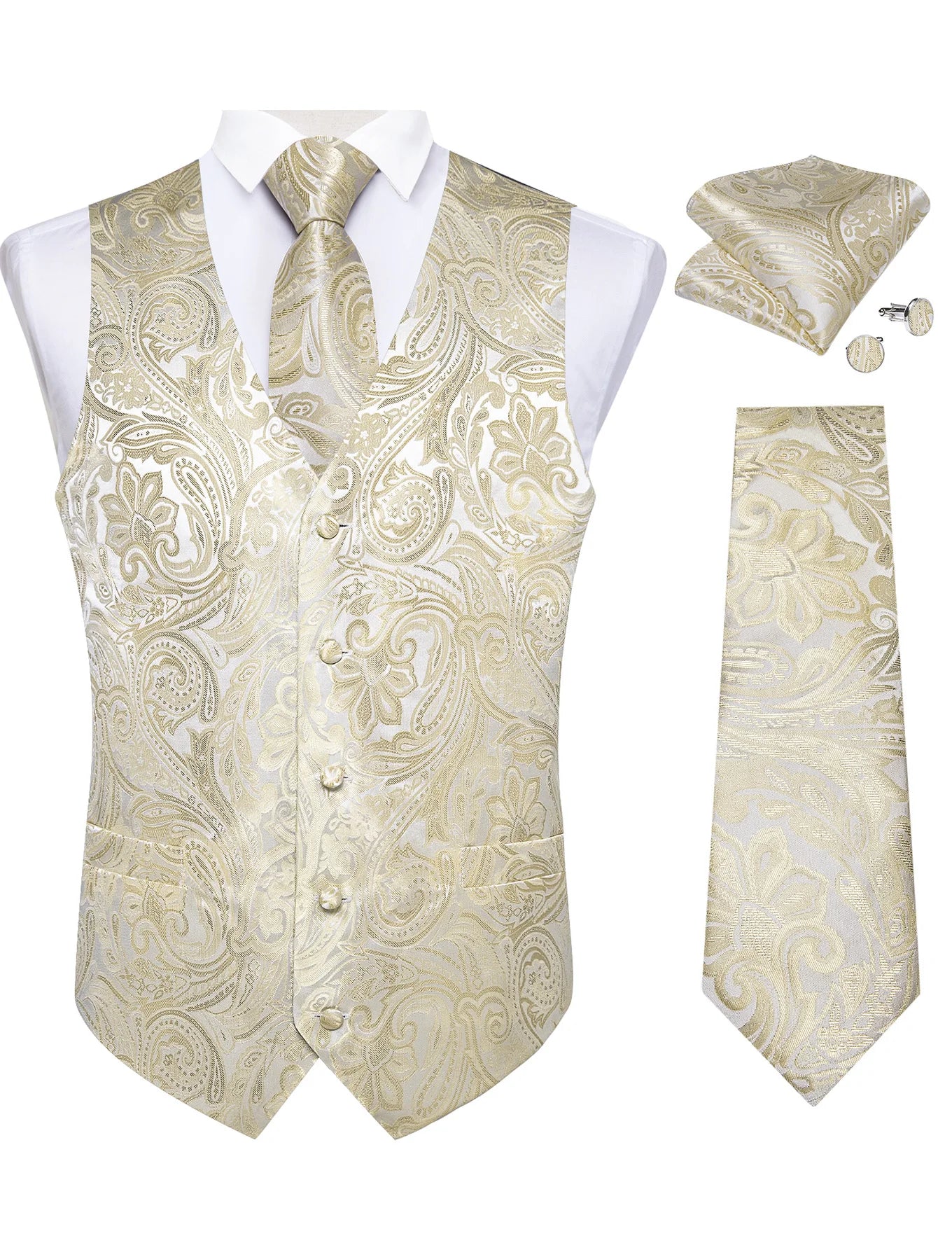 Men's Champagne Golden Paisley Suit Vest & Tie Set – Formal Waistcoat with Pocket Square, Perfect for Weddings Business Events Qme MJTZ0614 S
