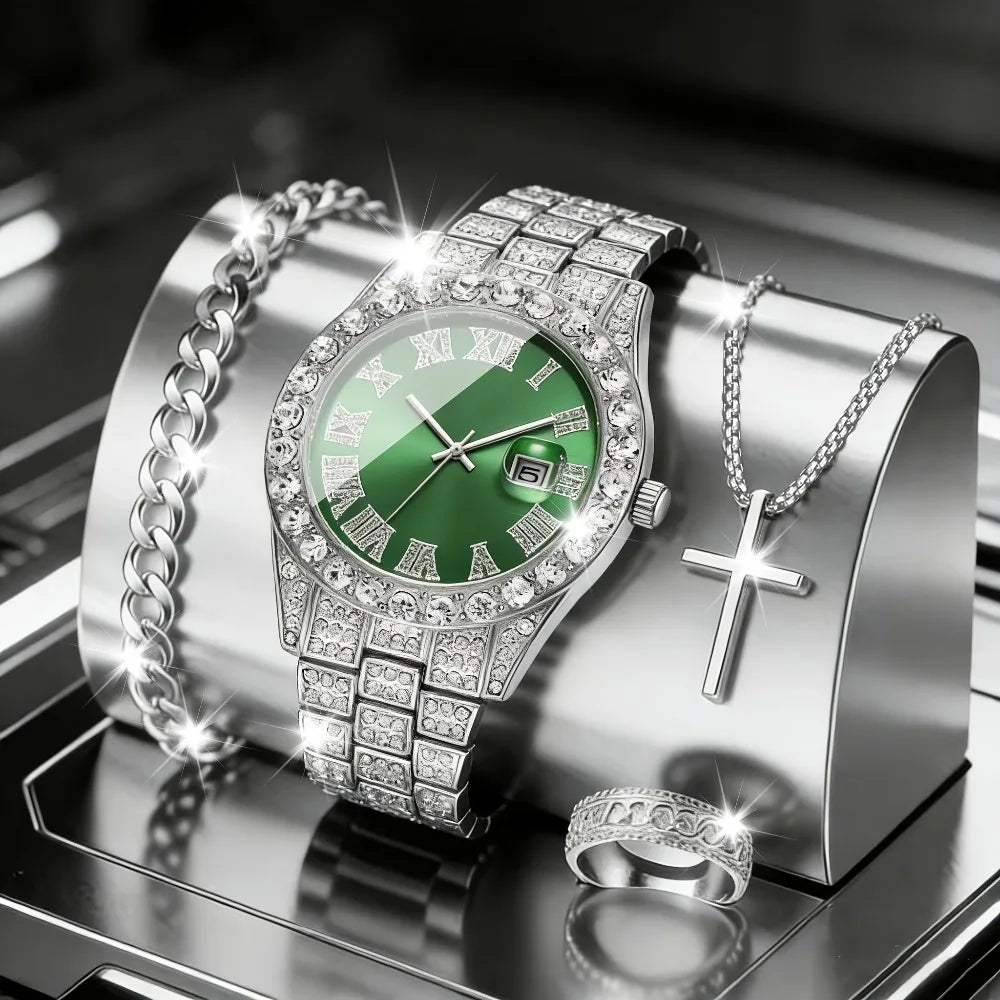 Hot Sale 4Pcs Silver Iced Out Men's Watch & Jewelry Set, Blue Dial Watch + Cuban Bracelet + Cross Necklace + Ring, Hip Hop Style Qme green