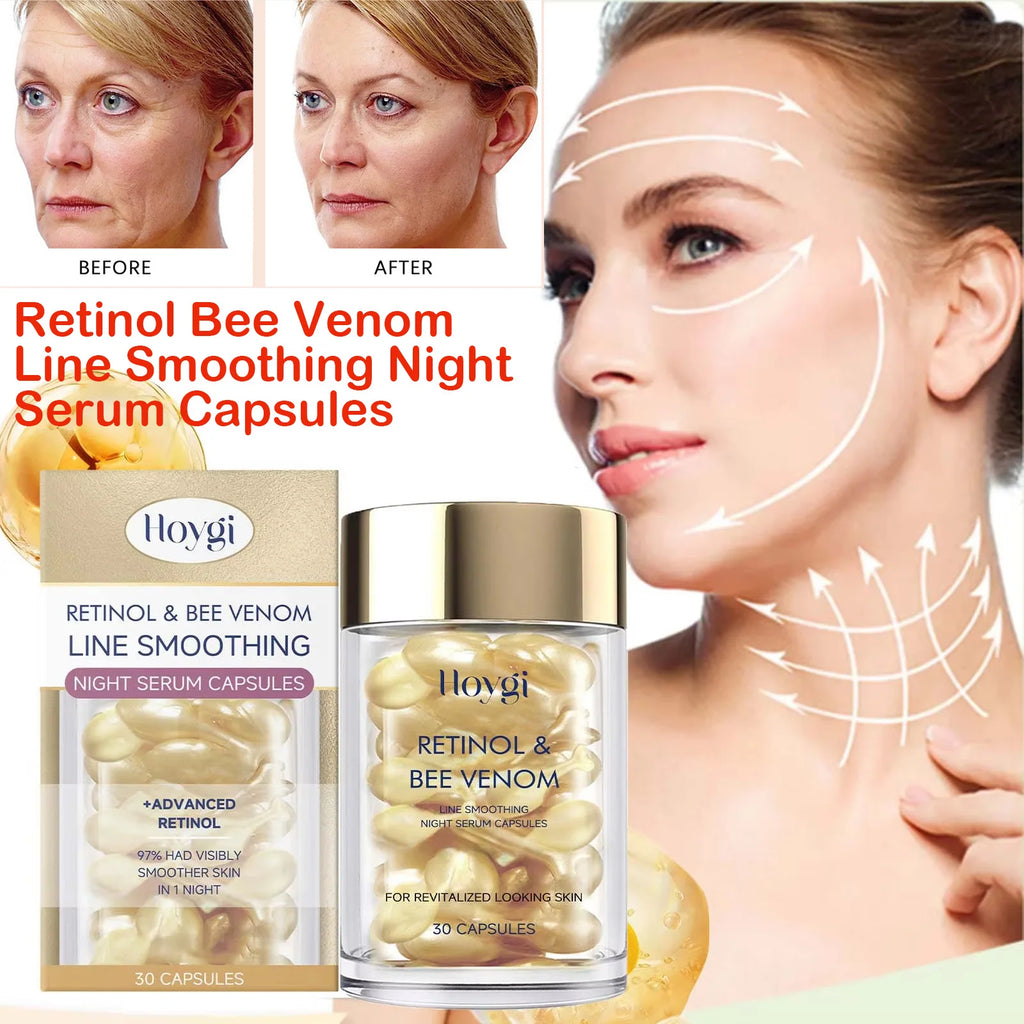 Retinol Bee Venom Facial Capsules Anti-Wrinkle Firming Smoothing Moisturizing Facial Skin Anti-Aging Night Serum for Face & Neck Qme