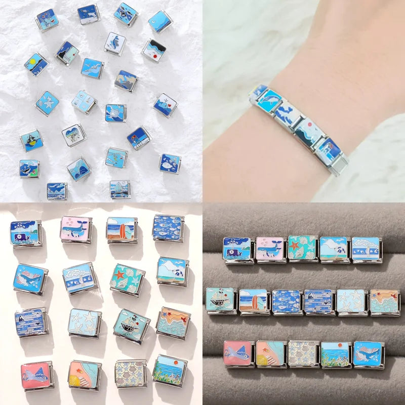 Original Colored Glaze Star Sun Starfish Ocean Italian Charm Stainless Steel Link Fit 9mm Modular Bracelet DIY Jewelry Wholesale Qme