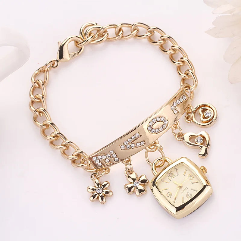 Women Watches with Letters Rhinestone Inlaid Chain Bracelet Flower Pendant Wrist Watch Ladies Dress Watches Gift Zegarek Damski Qme