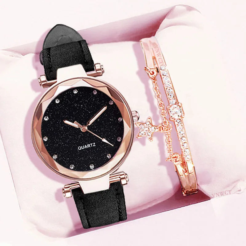 1pc Rhinestone Decor Round Pointer Quartz Watch & 1pc Bracelet Fancy Women Watches Jewelry Sophisticated And Stylish Women Watch Qme black suit