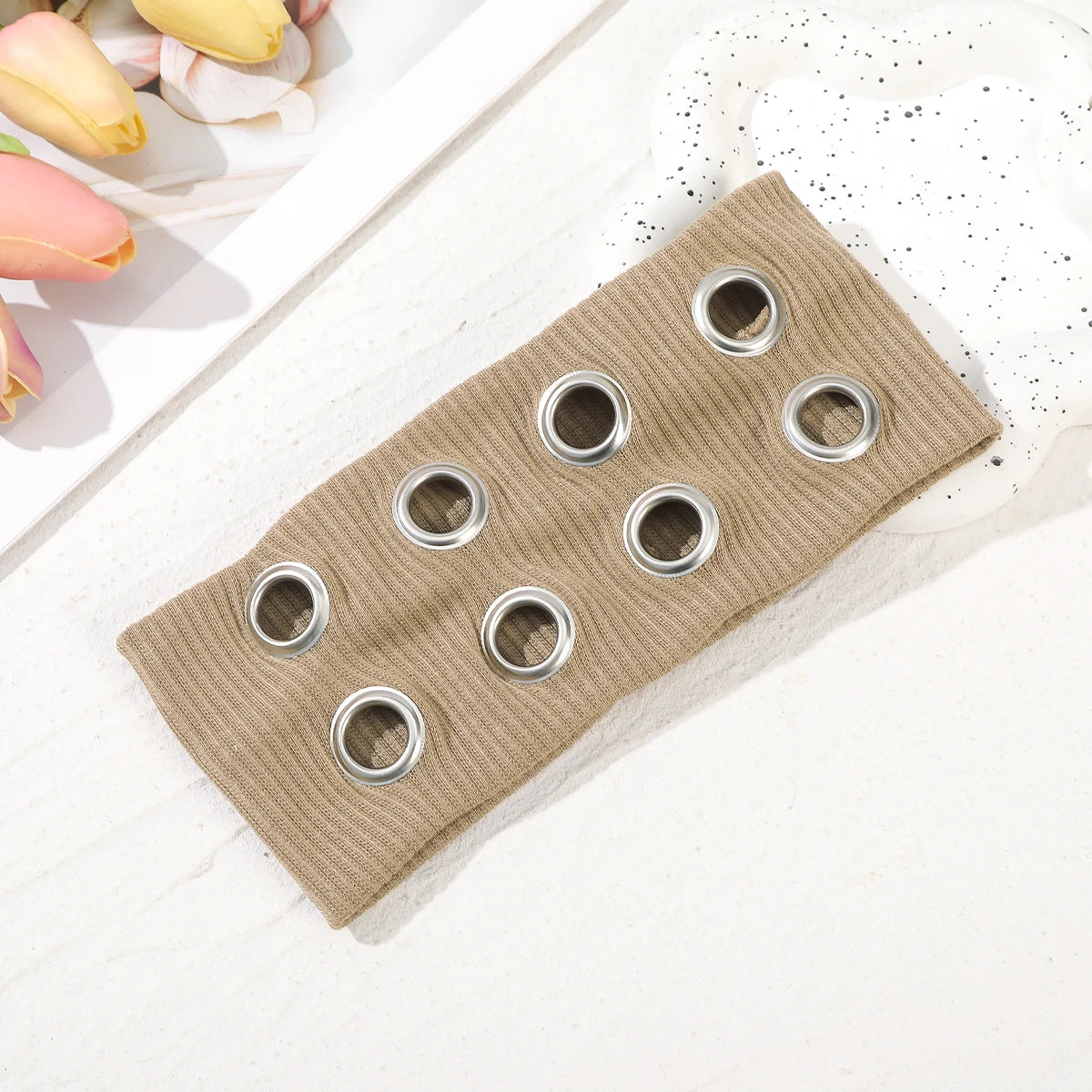 Punk Girl Fabric Hollow Elastic Headbands Metal Rock Personalized Hollow Eyelets Hair Band Casual Sports Grommet Headband Qme KHAKI