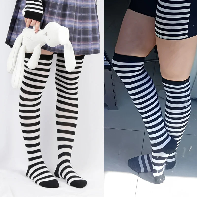 Women Striped Stockings Over Knee Length JK Long Socks Ladies Girls Qme